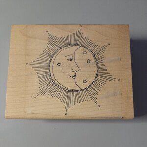 Wood Mounted rubber stamp Cresent moon with face